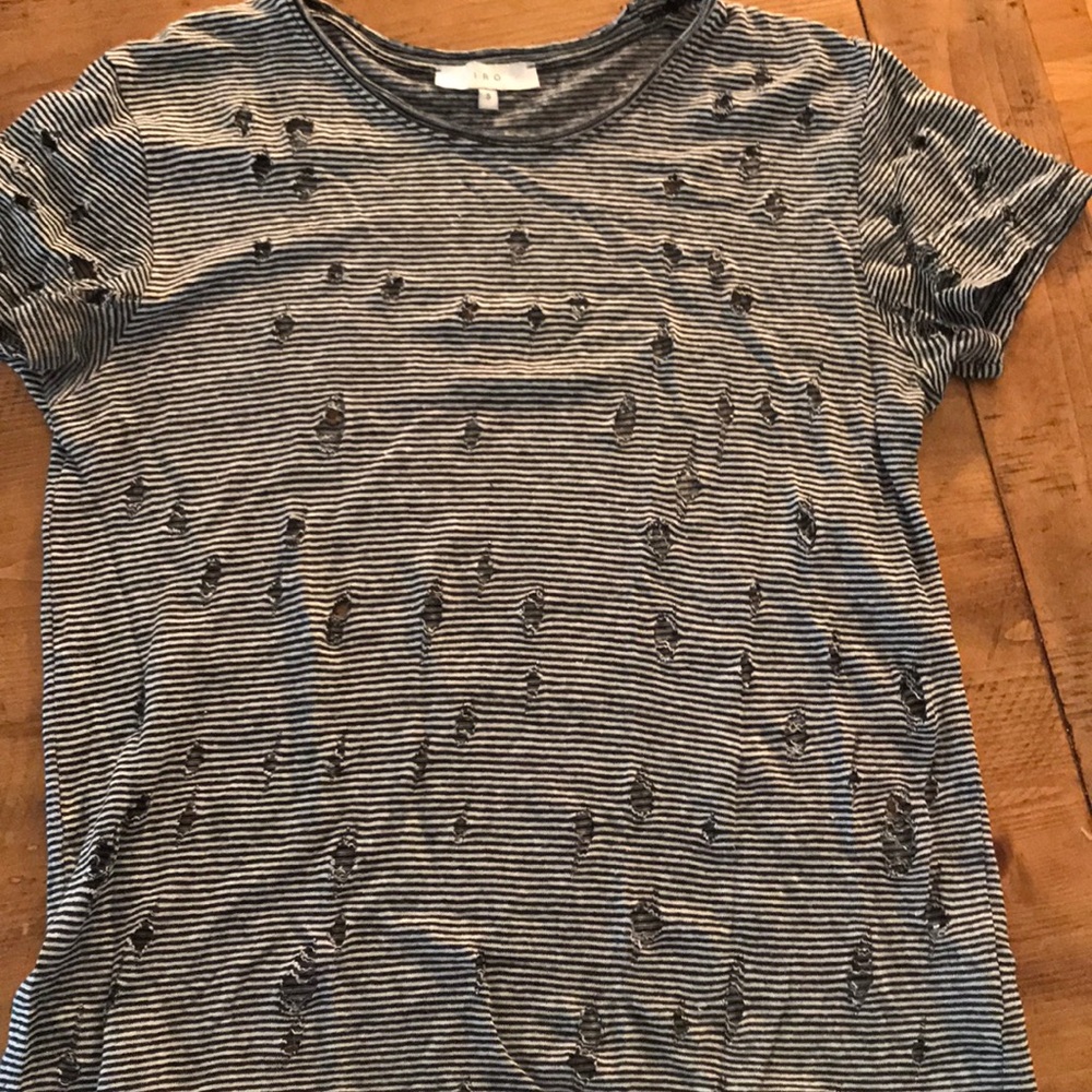 IRO linen black and white stripe holey t-shirt s